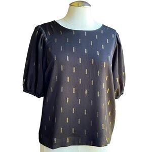 Women's Madewell Black Metallic Blouse Jacquard‎ Short Puff Sleeve Top sz Small